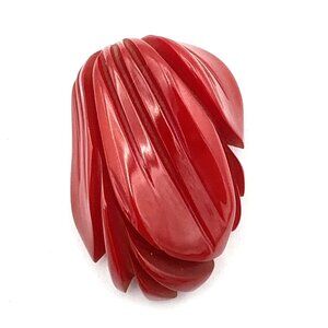 BAKELITE dress clip - vintage red deeply carved asymmetric leaves brooch pin